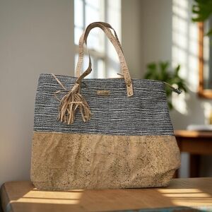 Tote Bag By Sun And Sand Elegant Striped Tan and Black Cork